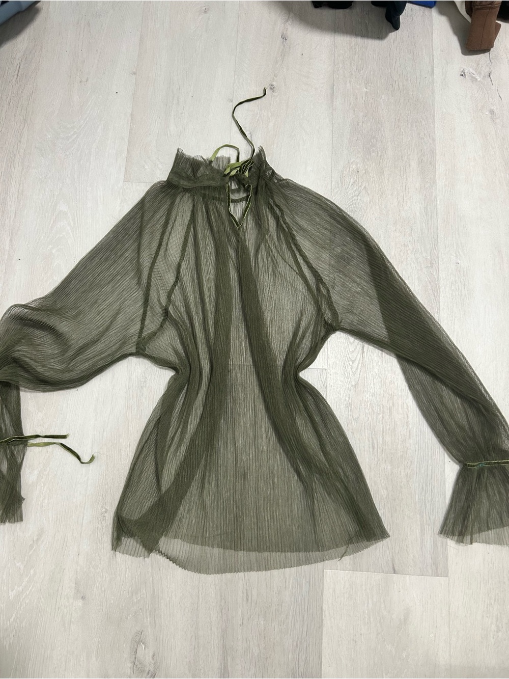Olive Sheer Long-Sleeve Blouse with Tie Neck